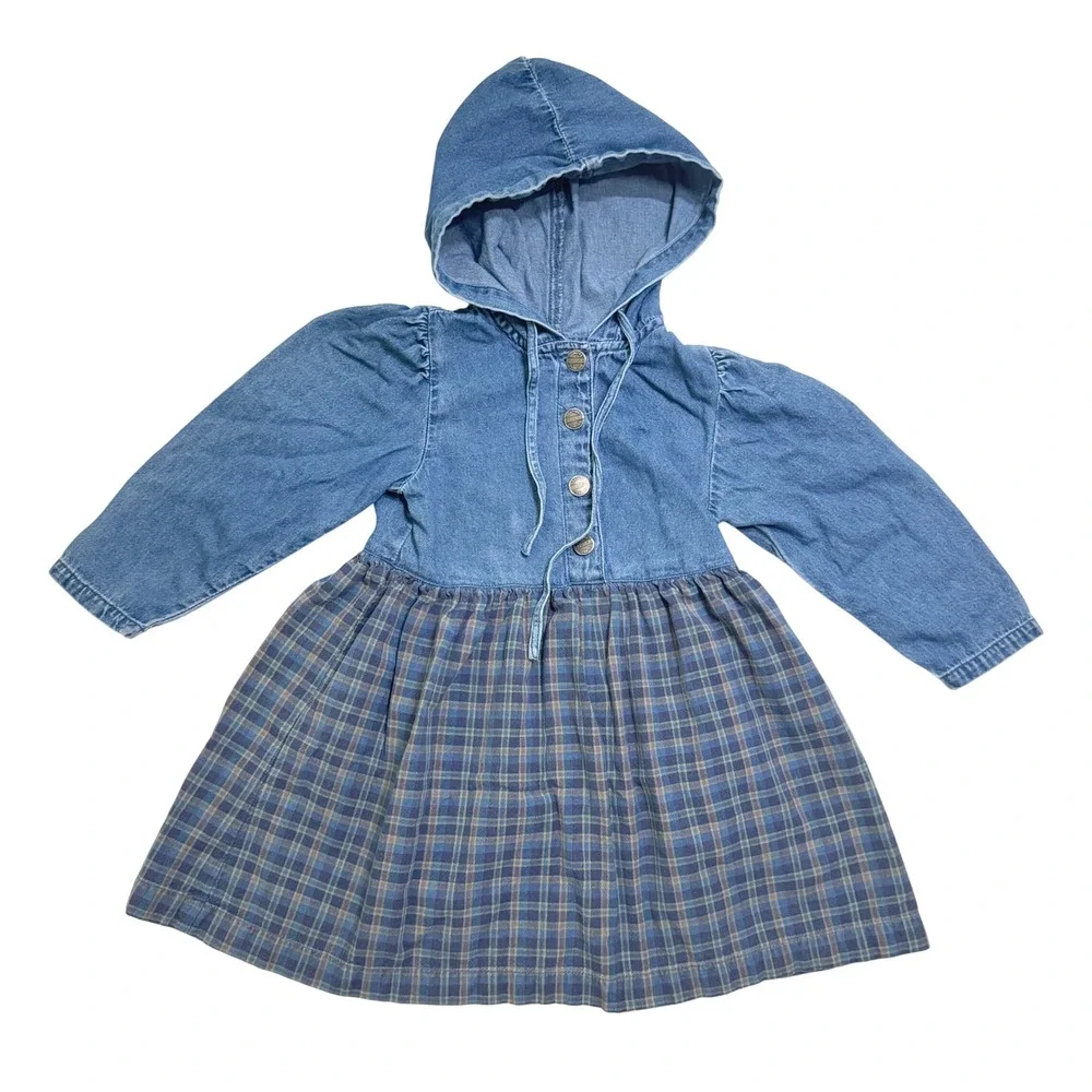 Vintage 90s Sonoma Hooded Denim Dress Girls Kids 4 Blue Plaid Long Sleeve Grunge
